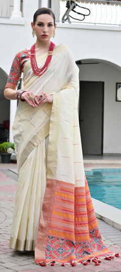 Beige and Brown color Saree in Raw Silk fabric with Weaving, Zari work