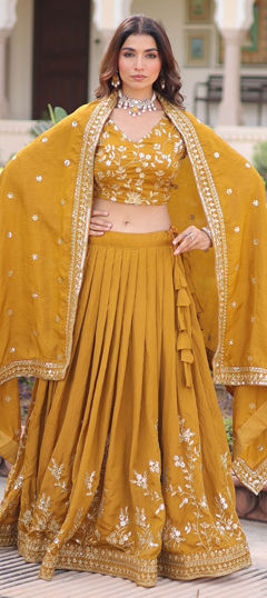 Yellow color Lehenga in Silk fabric with Embroidered, Sequence, Zari work