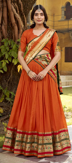 Orange color Lehenga in Chanderi Silk fabric with Weaving, Zari work