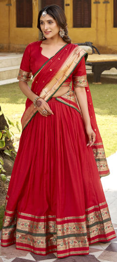 Red and Maroon color Lehenga in Chanderi Silk fabric with Weaving, Zari work