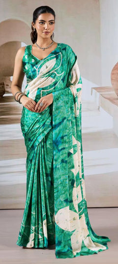 Green color Saree in Satin Silk fabric with Printed work
