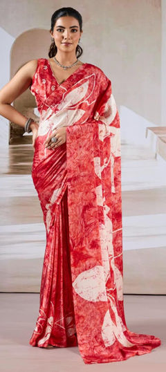 Red and Maroon color Saree in Satin Silk fabric with Printed work