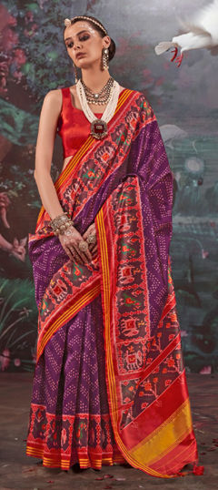 Purple and Violet, Red and Maroon color Saree in Art Silk fabric with Printed work
