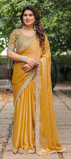 Yellow color Saree in Tissue fabric with Border, Embroidered, Sequence, Thread work