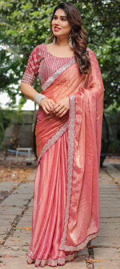 Pink and Majenta color Saree in Tissue fabric with Border, Embroidered, Sequence, Thread work
