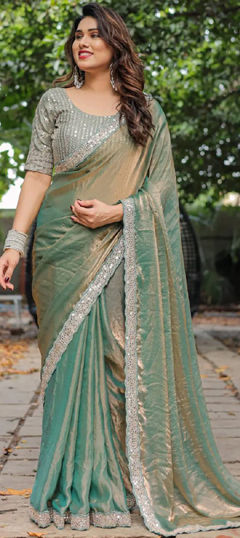 Green color Saree in Tissue fabric with Border, Embroidered, Sequence, Thread work