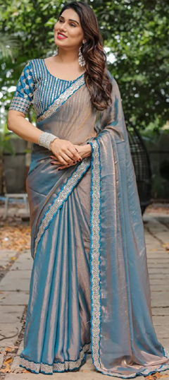 Blue color Saree in Tissue fabric with Border, Embroidered, Sequence, Thread work