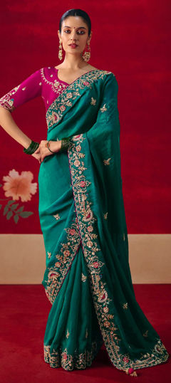 Blue color Saree in Tissue fabric with Embroidered, Sequence, Stone, Thread, Zari work