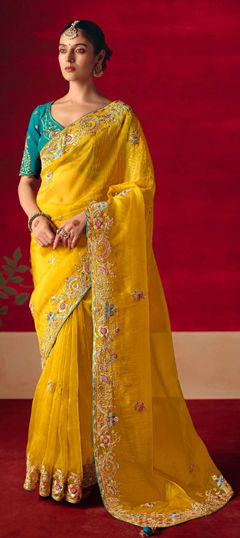 Yellow color Saree in Tissue fabric with Embroidered, Sequence, Stone, Thread, Zari work
