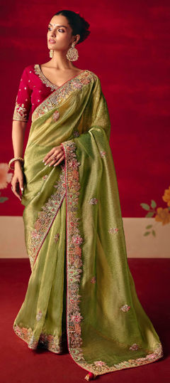 Green color Saree in Tissue fabric with Embroidered, Sequence, Stone, Thread, Zari work