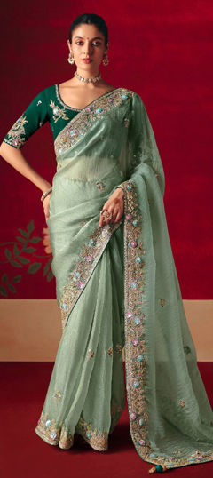 Green color Saree in Tissue fabric with Embroidered, Sequence, Stone, Thread, Zari work