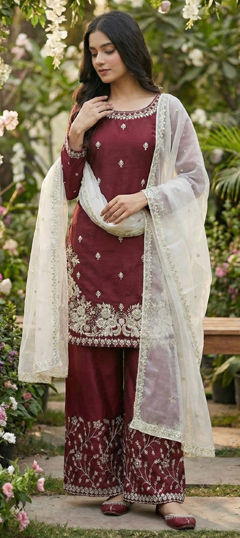 Red and Maroon color Salwar Kameez in Silk fabric with Embroidered, Sequence, Thread work