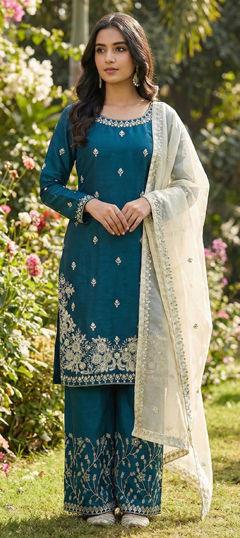 Blue color Salwar Kameez in Silk fabric with Embroidered, Sequence, Thread work