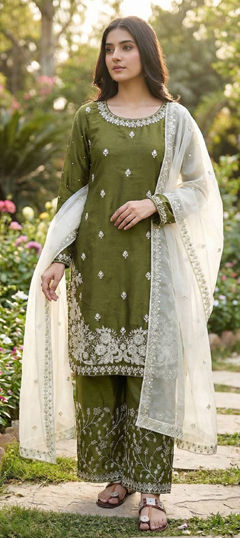 Green color Salwar Kameez in Silk fabric with Embroidered, Sequence, Thread work