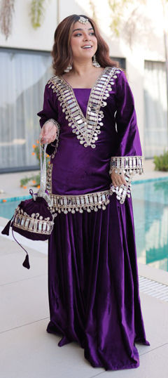 Purple and Violet color Salwar Kameez in Velvet fabric with Mirror work
