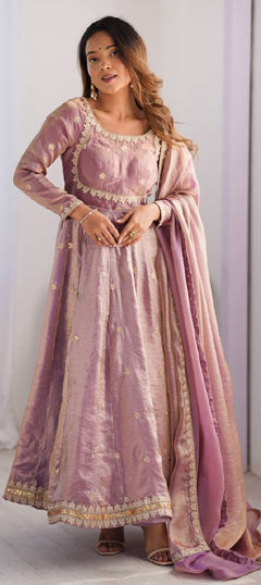 Pink and Majenta color Salwar Kameez in Tissue fabric with Embroidered, Sequence, Thread, Zari work