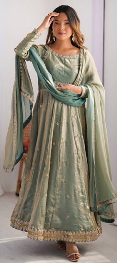 Green color Salwar Kameez in Tissue fabric with Thread, Zari work