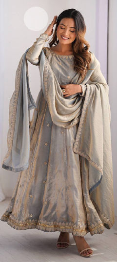 Black and Grey color Salwar Kameez in Tissue fabric with Embroidered, Sequence, Thread, Zari work