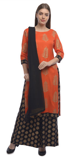 Orange color Salwar Kameez in Rayon fabric with Printed work