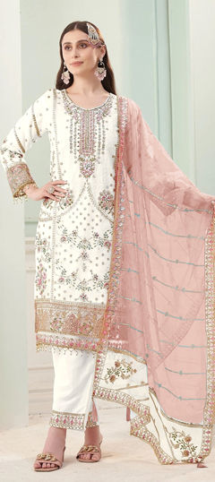 White and Off White color Salwar Kameez in Faux Georgette fabric with Embroidered, Sequence, Thread, Zari work