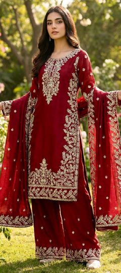 Red and Maroon color Salwar Kameez in Art Silk fabric with Embroidered, Sequence work