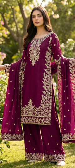 Purple and Violet color Salwar Kameez in Art Silk fabric with Embroidered, Sequence work