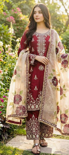 Red and Maroon color Salwar Kameez in Art Silk fabric with Embroidered, Sequence work