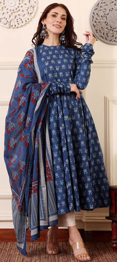 Blue color Salwar Kameez in Rayon fabric with Printed work