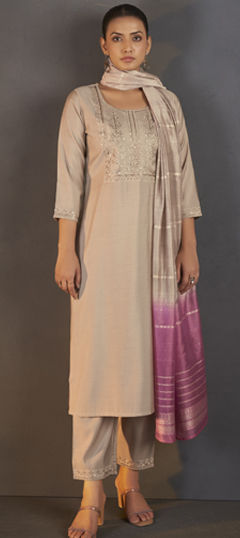 White and Off White color Salwar Kameez in Roman Silk fabric with Embroidered, Sequence work