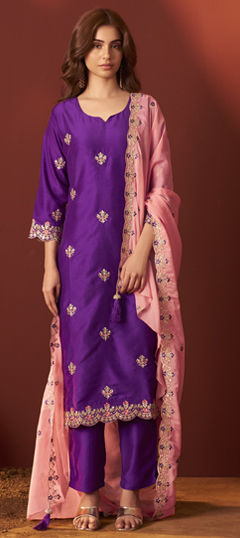 Purple and Violet color Salwar Kameez in Chinon Silk fabric with Embroidered work