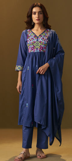 Blue color Salwar Kameez in Cotton fabric with Embroidered work