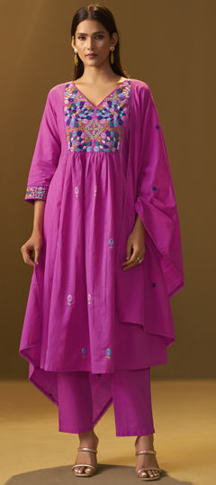 Pink and Majenta color Salwar Kameez in Cotton fabric with Embroidered work