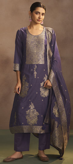 Purple and Violet color Salwar Kameez in Art Silk fabric with Weaving work