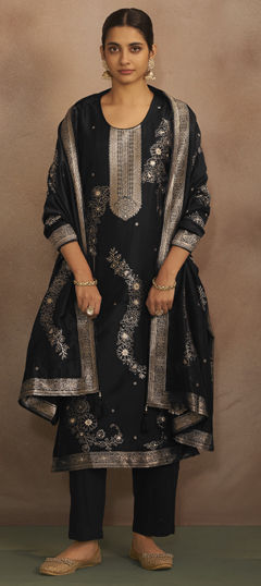 Black and Grey color Salwar Kameez in Art Silk fabric with Weaving work