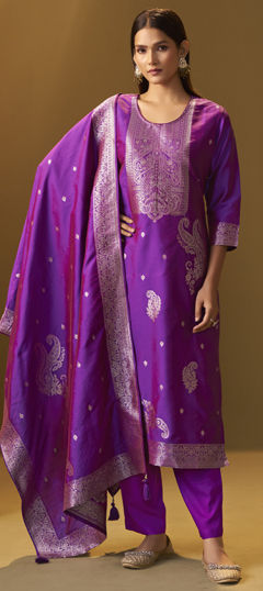 Purple and Violet color Salwar Kameez in Art Silk fabric with Weaving work
