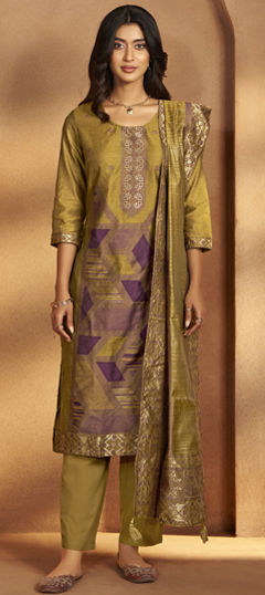 Yellow color Salwar Kameez in Art Silk fabric with Weaving work