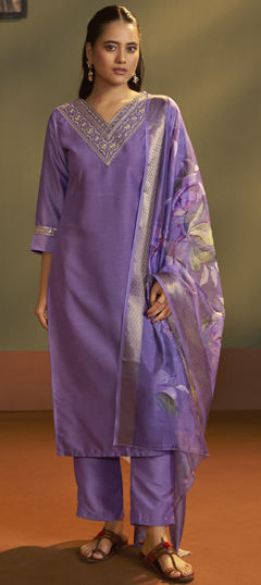 Purple and Violet color Salwar Kameez in Blended Cotton fabric with Embroidered work