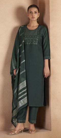 Green color Salwar Kameez in Blended Cotton fabric with Embroidered, Sequence work