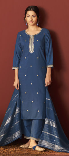 Green color Salwar Kameez in Chinon Silk fabric with Embroidered work