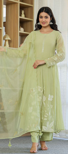 Green color Salwar Kameez in Chanderi Silk fabric with Embroidered, Thread work