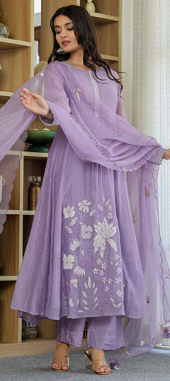 Purple and Violet color Salwar Kameez in Chanderi Silk fabric with Embroidered, Thread work