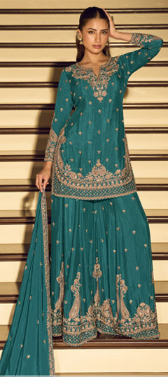 Blue color Salwar Kameez in Chinon Silk fabric with Bugle Beads, Embroidered, Thread work