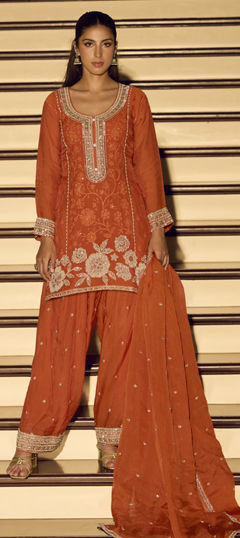 Beige and Brown color Salwar Kameez in Chinon Silk fabric with Bugle Beads, Embroidered, Thread work