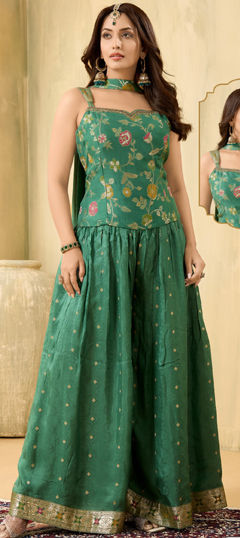 Green color Salwar Kameez in Silk fabric with Cut Dana, Embroidered, Sequence work