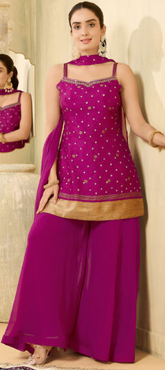 Pink and Majenta color Salwar Kameez in Georgette fabric with Bandhej, Embroidered, Printed, Sequence work