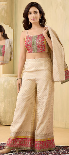 Beige and Brown color Salwar Kameez in Silk fabric with Embroidered, Lace, Sequence, Thread work