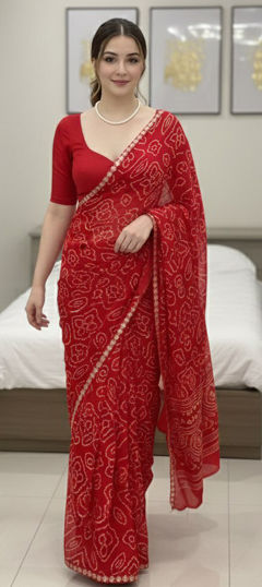 Red and Maroon color Saree in Georgette fabric with Bandhej, Printed work