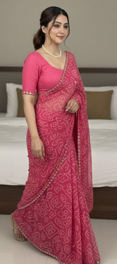 Pink and Majenta color Saree in Georgette fabric with Bandhej, Printed work