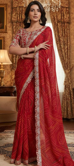 Red and Maroon color Saree in Georgette fabric with Bandhej, Printed, Thread work