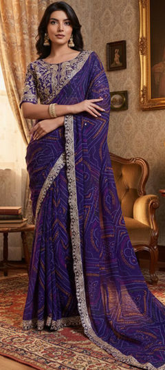 Blue color Saree in Georgette fabric with Bandhej, Printed, Thread work